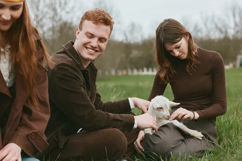 A group of young adults enjoy a sunny day in a rural field, gently stroking a small goat kid. A candid lifestyle moment showcasing bonding, care, and interaction with animals outdoors.