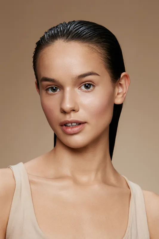 Close up portrait of a young woman with wet hair and natural makeup on a light beige background, showcasing beauty and simplicity