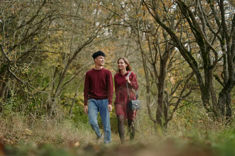 A candid scene shows a couple walking through a sunlit forest, conveying authentic connection and genuine emotion as they share a quiet smile amid tall trees.