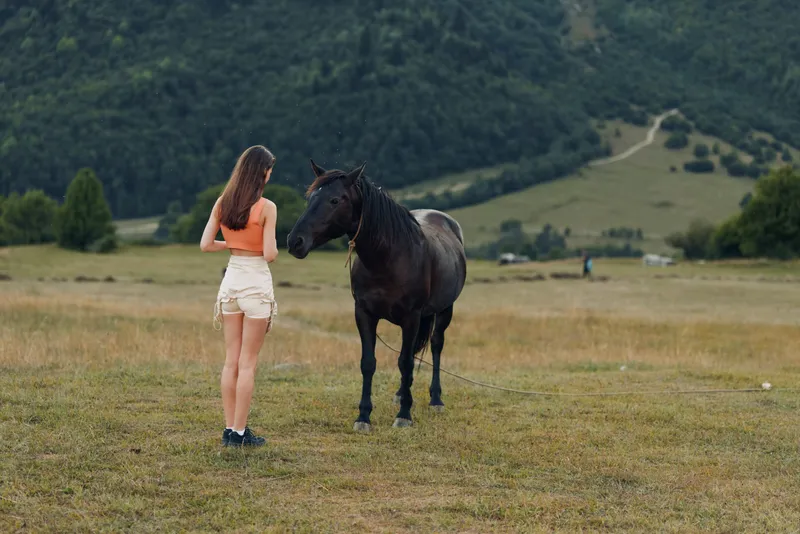A young woman stands in a wide grassy field, facing a dark horse. She wears a coral top and light shorts, with distant hills creating a calm pastoral scene.