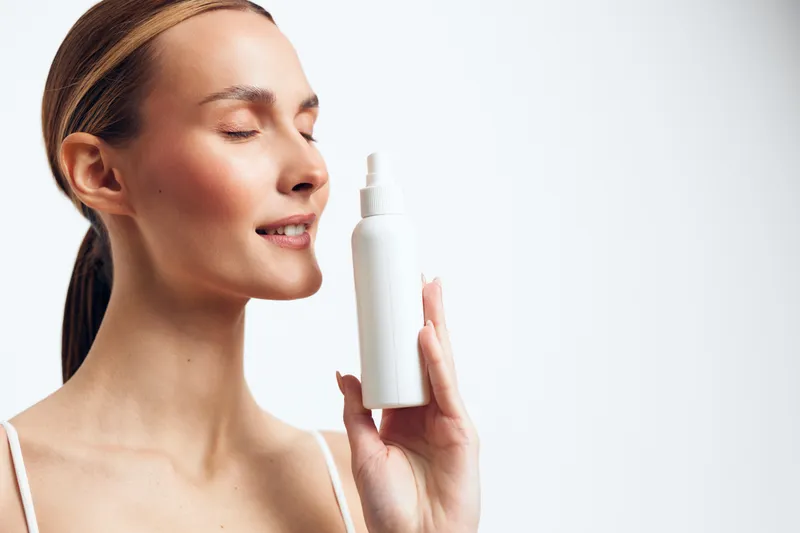 Young woman with clear skin holding white cosmetic spray bottle near face with closed eyes enjoying skincare routine isolated on white background with soft natural light.