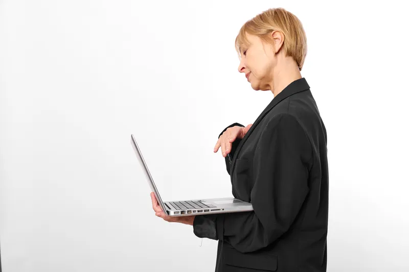 Woman laptop business work remote freelance technology office communication, typing on laptop, isolated on white background, side view, professional female
