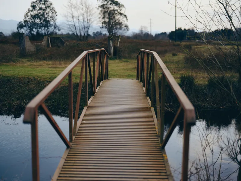 Wooden pier walkway stretches over calm river lake, surrounded by nature outdoors and leafless trees. Rustic landscape with soft morning light, reflections in water, peaceful lifestyle travel scene.