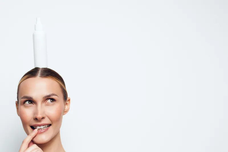 Young woman with blonde hair balances a white bottle on her head while smiling thoughtfully and touching her lips against a plain white background.