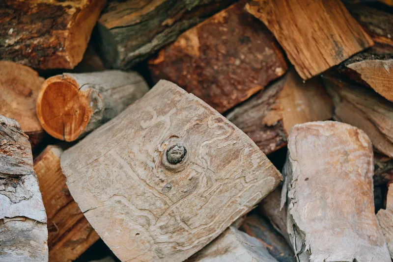 Firewood, logs, wood, texture, stack and timber in a rustic pile of split logs for fireplace supply and winter fuel, closeup of bark texture and sawn surface in outdoor storage.