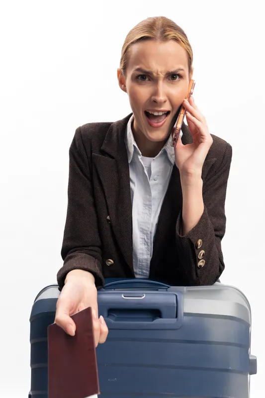 Stressed woman in blazer holds passport and talks on phone while standing behind suitcase. Concept of travel problems, delay, urgent communication, and business trip stress.