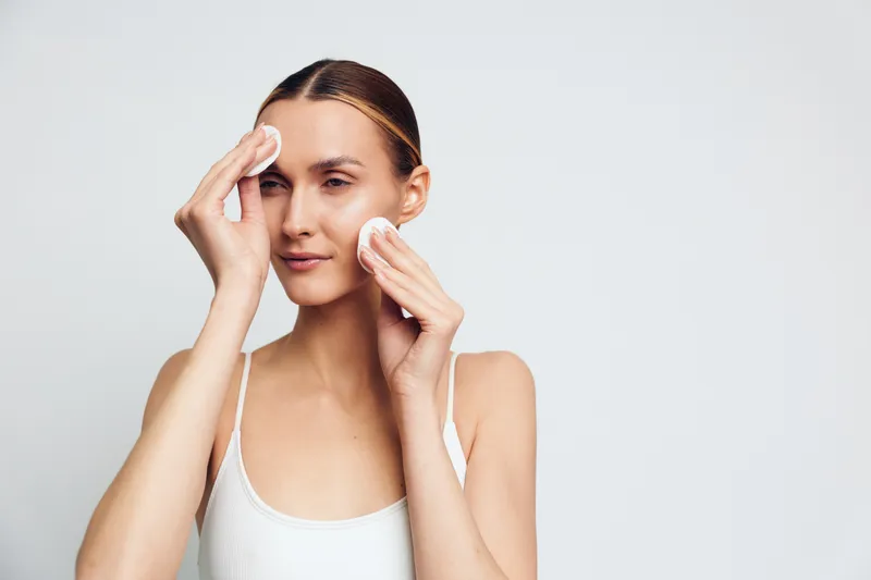 A young woman in a white tank top is gently cleansing her face with cotton pads against a plain background. The concept focuses on skincare routine and natural beauty care.