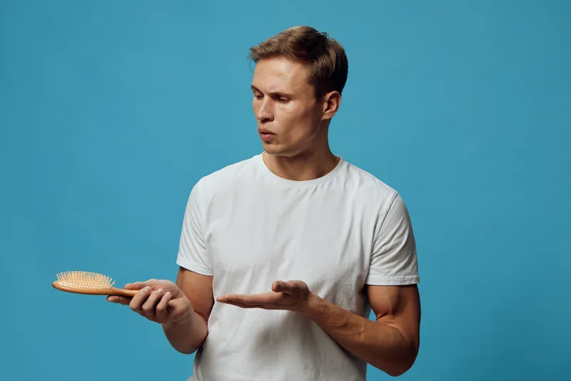 Young caucasian man worried about hair loss hold wooden comb look in surprise on blond hair isolated on blue background haircare problem concept mental health and gadgets