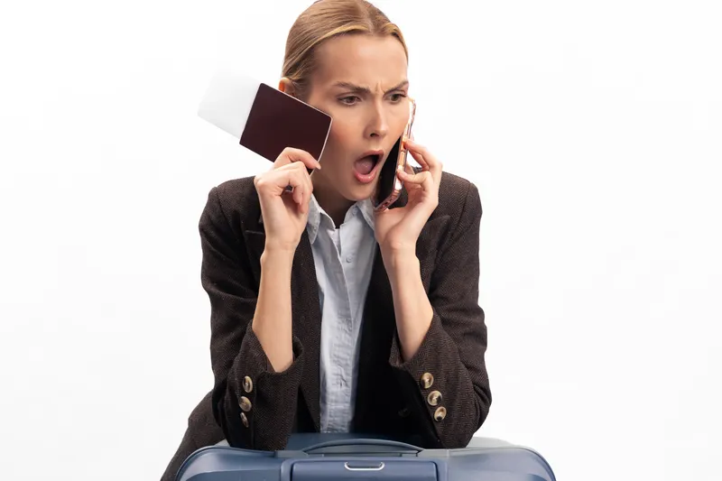 Stressed young woman in brown jacket holds passport and talks on phone with shocked expression. Blue suitcase in front, isolated on white background. Concept of travel problems and urgent situations.