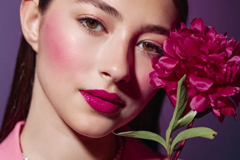 Close-up of fashionable woman with glossy pink lipstick and pink eyeshadow holding a vibrant magenta flower. Beauty color concept with fresh petals and smooth skin tones.