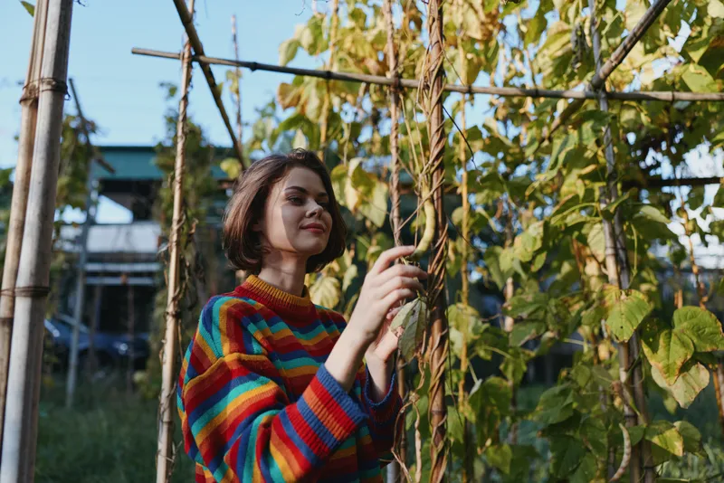 Young adult woman in a colorful sweater smiling while gardening among vine trellis, short hair bob, hands touching leaves in outdoor backyard garden, cozy sustainable lifestyle.