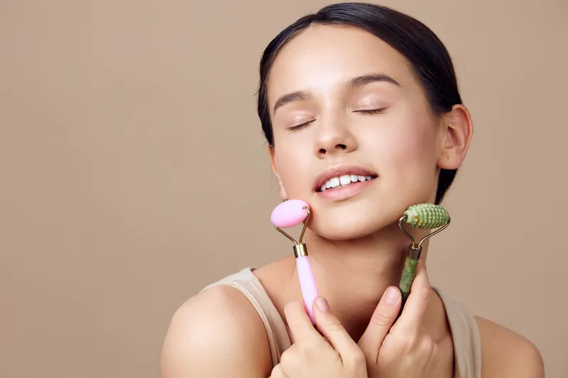 Young woman enjoying a facial roller massage with pink and green tools on a beige background, promoting healthy skincare and beauty routines
