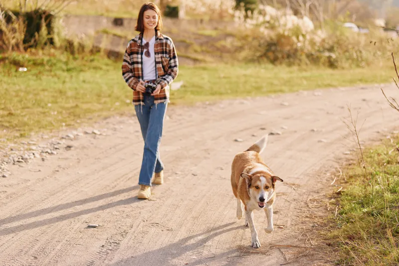 A woman walks a dog along a dirt path in a sunny outdoor setting, casual attire, capturing a relaxed moment of companionship and nature during a leisurely stroll.