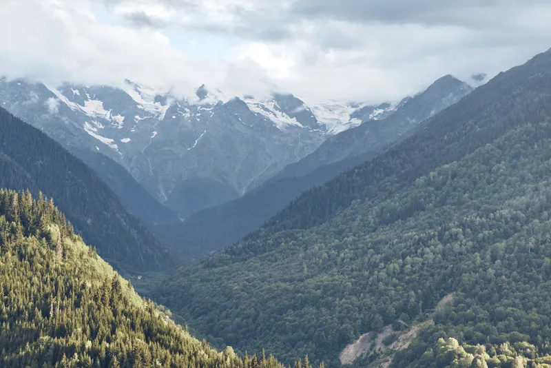 Mountain forest valley with distant peaks and clouds, nature landscape showing expansive wilderness, authenticity inclusivity mood and serene view