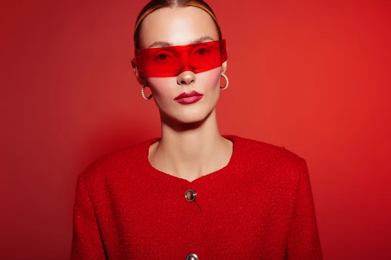 Portrait of confident woman wearing red sunglasses and red jacket against red background. Fashion concept with bold colors and modern style. Studio lighting highlights facial features and accessories.