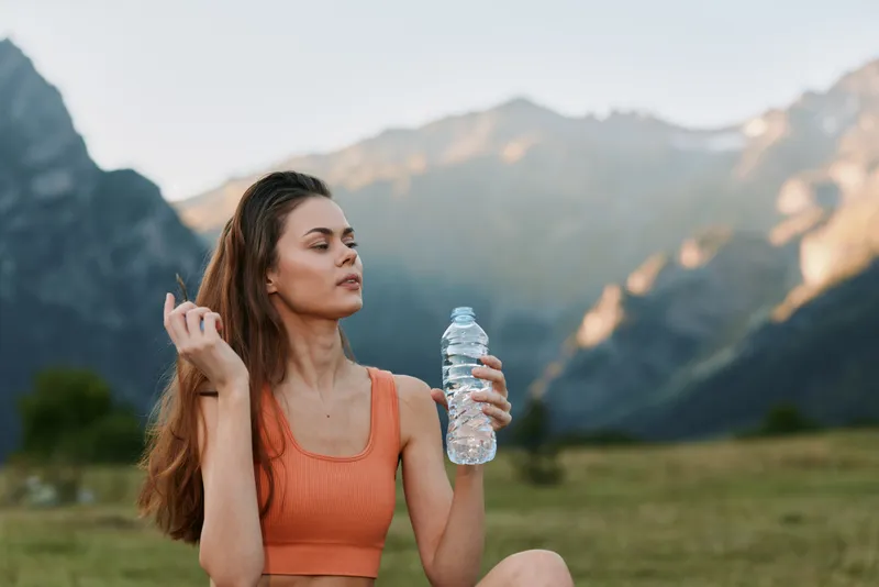 A young woman in an orange sports top sits outdoors in a scenic mountain meadow, sipping water and enjoying fresh air, exuding health and focus during a workout break.