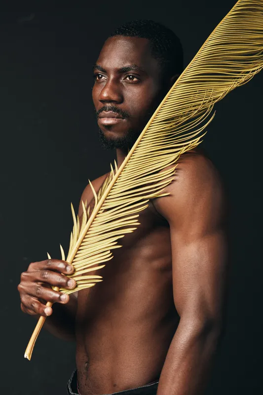 African man with dark skin holding large golden palm leaf in creative conceptual visual style. Portrait of shirtless male with serious expression on black background.
