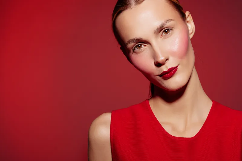 Close-up portrait of a woman with red lipstick and blush wearing a red sleeveless top against a red background. Concept of beauty, fashion, makeup, and elegance.