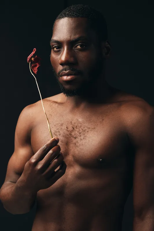 Black man with dark skin and beard holding dried flower in creative visual designer style. Portrait of confident male model with bare chest on dark background for artistic concept.