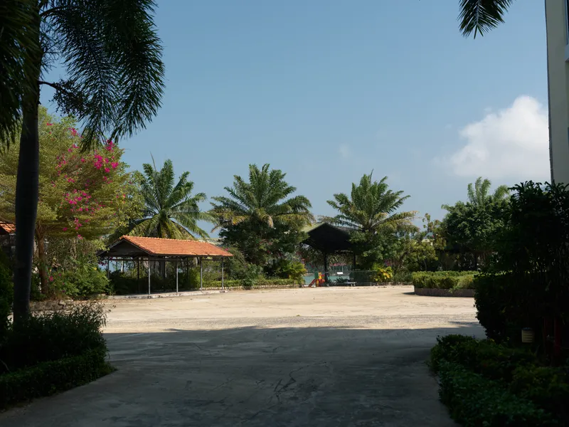 empty outdoor courtyard with tropical palm trees and small pavilion structures under clear blue sky, sunny day with shadows on concrete ground, peaceful atmosphere