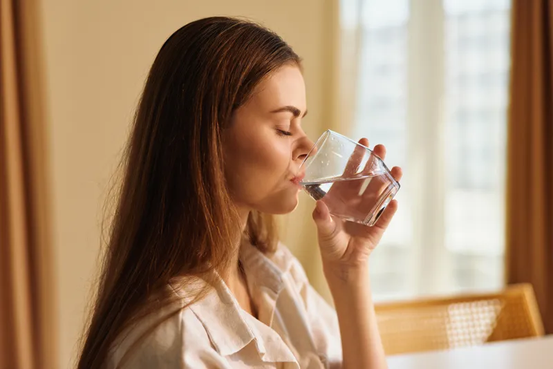 Woman drinking water from a clear glass at home in soft morning light, relaxed profile portrait by a window, healthy hydration routine, calm atmosphere and casual lifestyle moment.