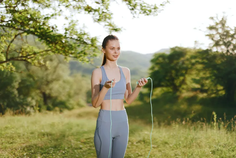Young woman in sportswear skipping rope outdoors, exuding joy and energy in a sunny, green landscape, showcasing fitness and healthy lifestyle