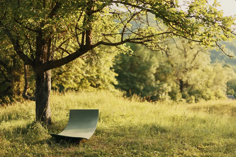 Serene green landscape with a minimalist curved bench under a tree, showcasing nature s tranquility and inviting relaxation in a vibrant outdoor setting