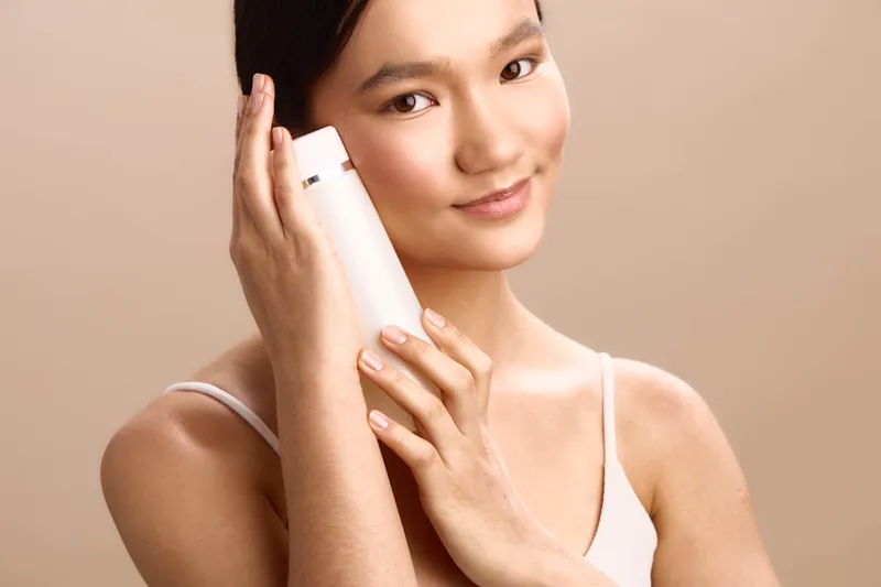 Asian woman holds a white cosmetic bottle close to her cheek in a soft studio setting, wearing light makeup and a gentle smile that conveys calm, care, and a modern skincare routine.