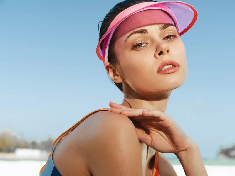 Close up portrait of a fit woman wearing a pink visor under bright sun, showcasing athletic style, confident gaze, sunlit skin, outdoors setting, summer energy.