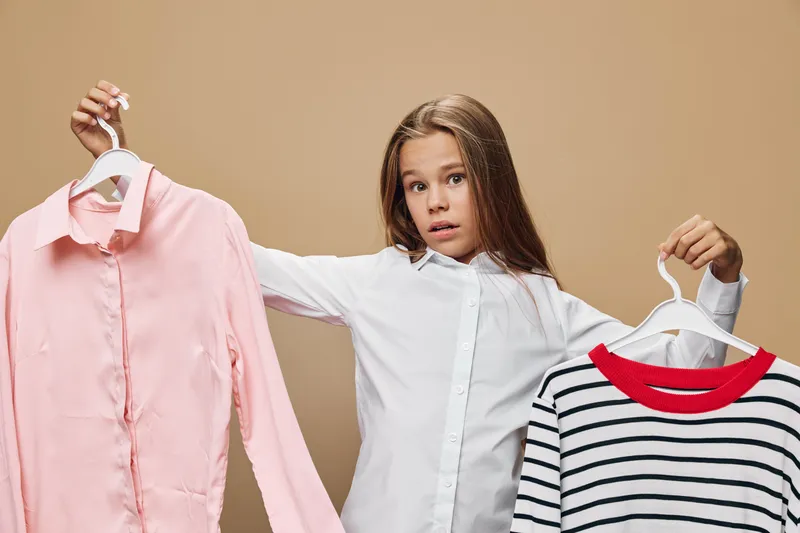 Girl holding two shirts on hangers choosing between pink shirt and striped sweater in casual wardrobe decision at home or store. Clothing, fashion and style options.