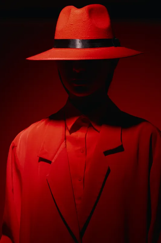 Fashion model in striking red hat and matching coat partially obscured by dramatic shadow. Creative beauty portrait in moody red lighting with high couture vibe.