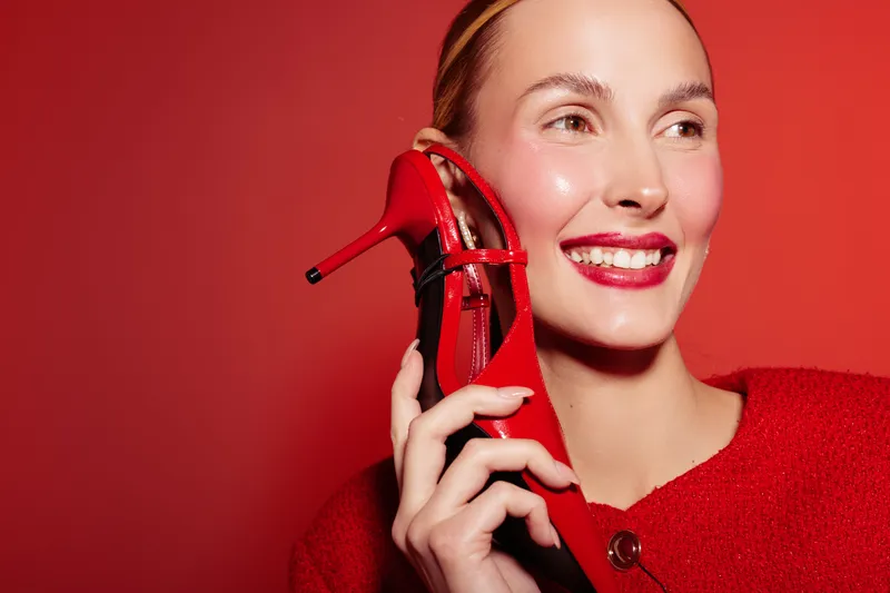 Smiling woman in red sweater holds red high heel shoe near face against red background. Concept of fashion, style, beauty, and vibrant color contrast in studio lighting.