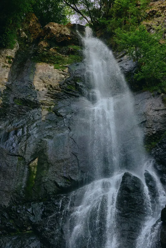 Majestic waterfall cascading over rocky cliffs surrounded by lush green forest and bright natural light illuminating the flowing water in a serene outdoor setting.