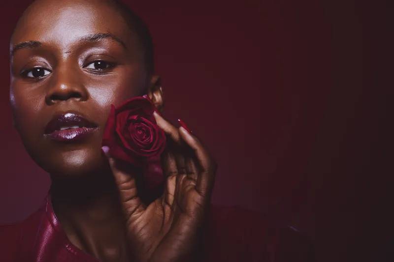Closeup of a dark skinned African woman holding a red rose near her face with glossy lips. Studio portrait with dramatic lighting on a dark red background. Concept of beauty and elegance.