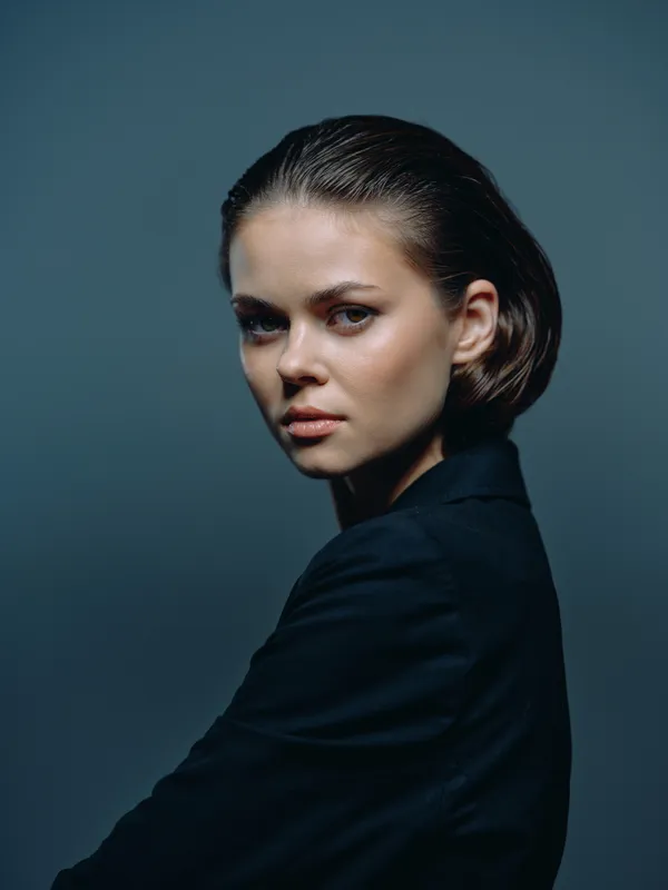 Young woman with slicked-back hair wearing a dark jacket against a moody blue background, expressing confidence and elegance.