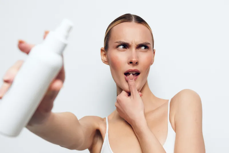 Woman skincare face cream applying care close portrait, woman holds pump bottle, touches chin, surprised expression, clean studio background, wellness self care