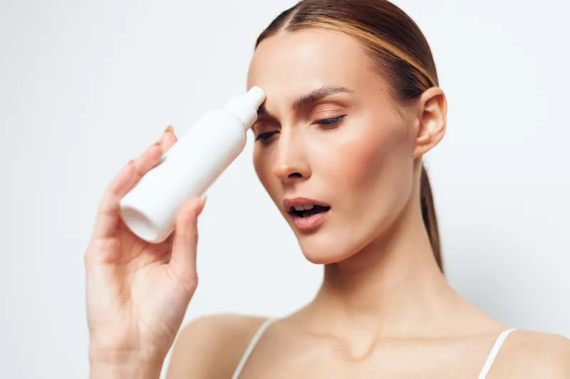 A young woman holds a white spray bottle near her face with eyes closed, demonstrating skincare or beauty routine concept on a clean white background.