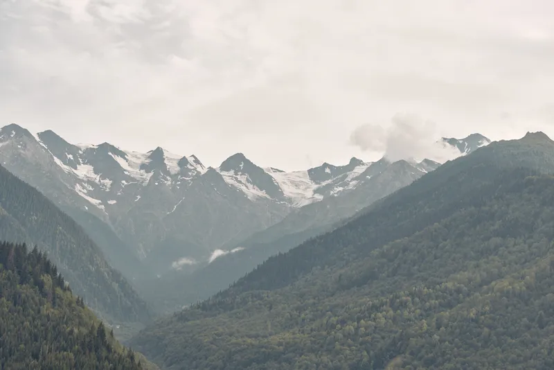 Majestic mountains and forested valleys under a cloudy sky, an alpine landscape conveying vastness and solitude in a tranquil natural scene, perfect for travel and nature appreciation