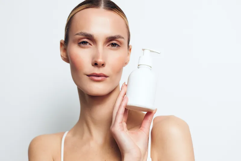 Woman skincare serum lotion face beauty self care hygiene concept, young woman holds a white pump bottle near her cheek, clean bright studio light, skincare routine