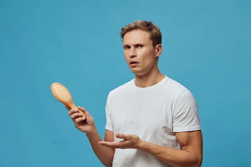Young man holding hairbrush looking surprised against plain blue background, casual clothing, expressive facial expression, studio portrait, isolated on solid color. People lifestyle concept