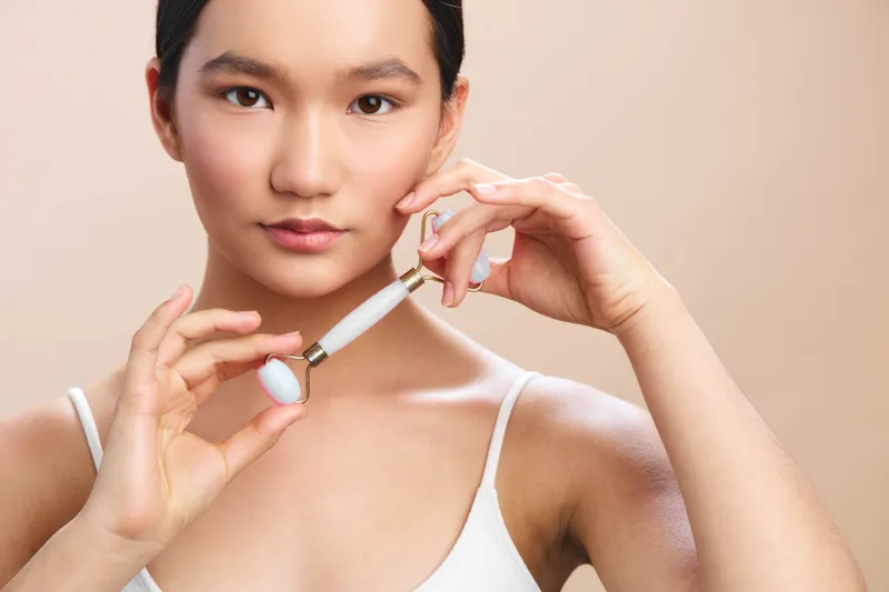 asian woman in a bright minimalist studio applies nail polish, concentrating on a neat manicure, exuding calm confidence and a stylish, modern beauty routine.