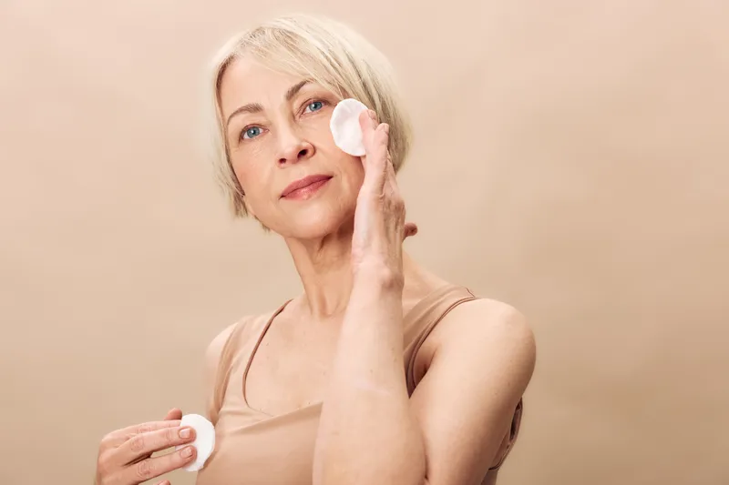 Mature woman with blonde hair gently applying cotton pad on her face in beige tank top. Soft lighting highlights natural skin texture and self-care concept in neutral background.