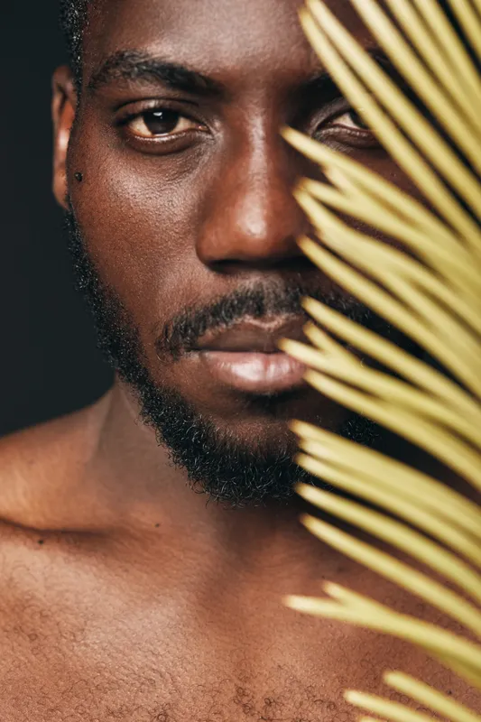 African man with dark skin and beard in creative conceptual style partially hidden behind palm leaf. Closeup portrait with natural texture and artistic visual composition in studio lighting.