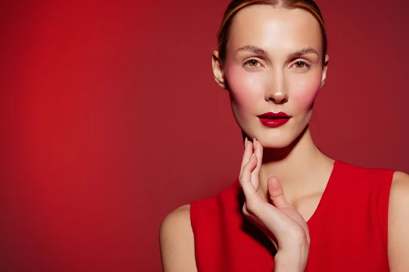 Portrait of a woman with red lipstick and red sleeveless top posing against a red background. Concept of beauty, fashion, makeup, and confident female model in studio lighting.