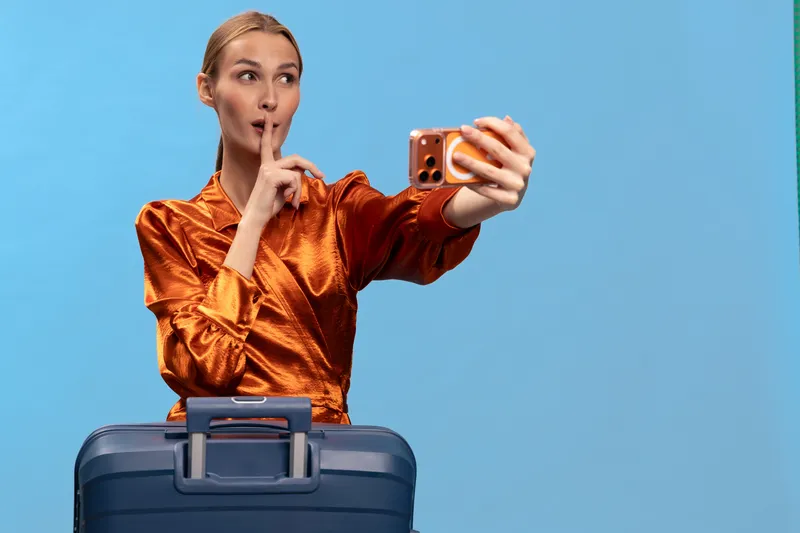 Young woman in orange blouse takes selfie, holding finger to lips in shushing gesture. Blue suitcase in front, isolated on blue background. Concept for travel secrecy and quiet moments.