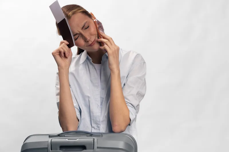 A frustrated woman in casual shirt holds a passport and touches her face, sitting behind a closed suitcase. Concept of travel stress, delay, and airport problems with white background.