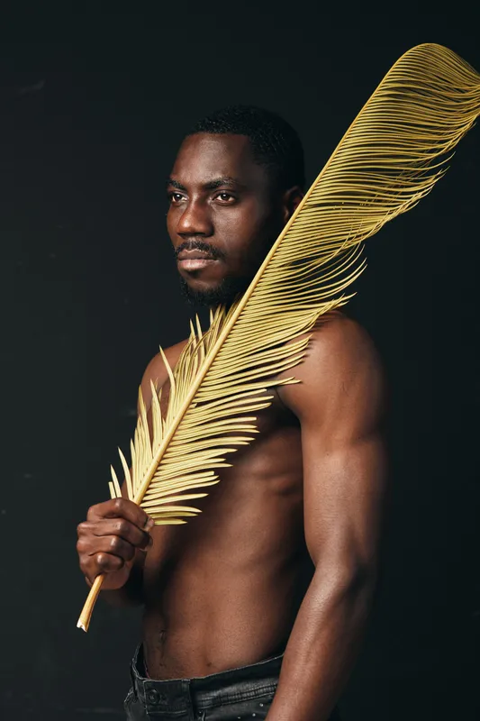 African man with dark skin holding large golden palm leaf in creative conceptual visual style, shirtless and posing against black background for artistic portrait series.
