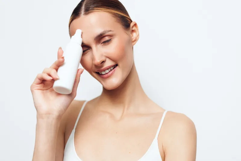 Young woman smiles softly as she applies skincare from a white bottle on her forehead in a bright neutral setting, presenting a calm personal care moment.