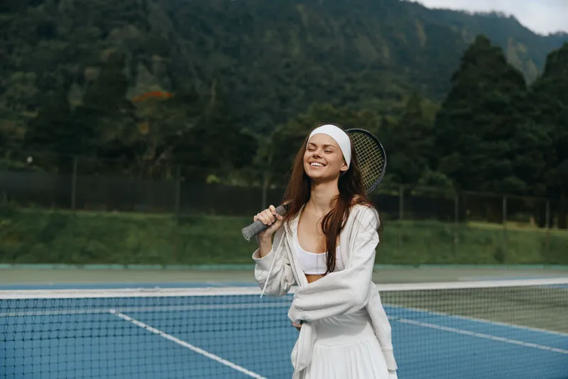 Young female tennis player smiling on the court, wearing a white outfit and headband, surrounded by green trees and a bright sky, showcasing joy in sports