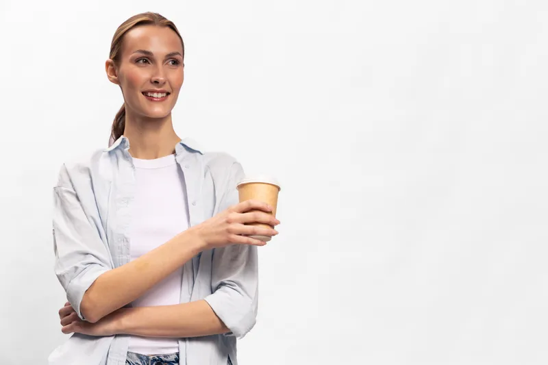 Smiling young woman in casual clothes holding a paper cup, looking away with relaxed confident expression. Concept for coffee break, lifestyle, and casual moments.